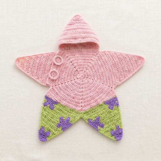 Pyjama Étoilé en crochet rose et vert à motifs étoiles violettes, avec capuche